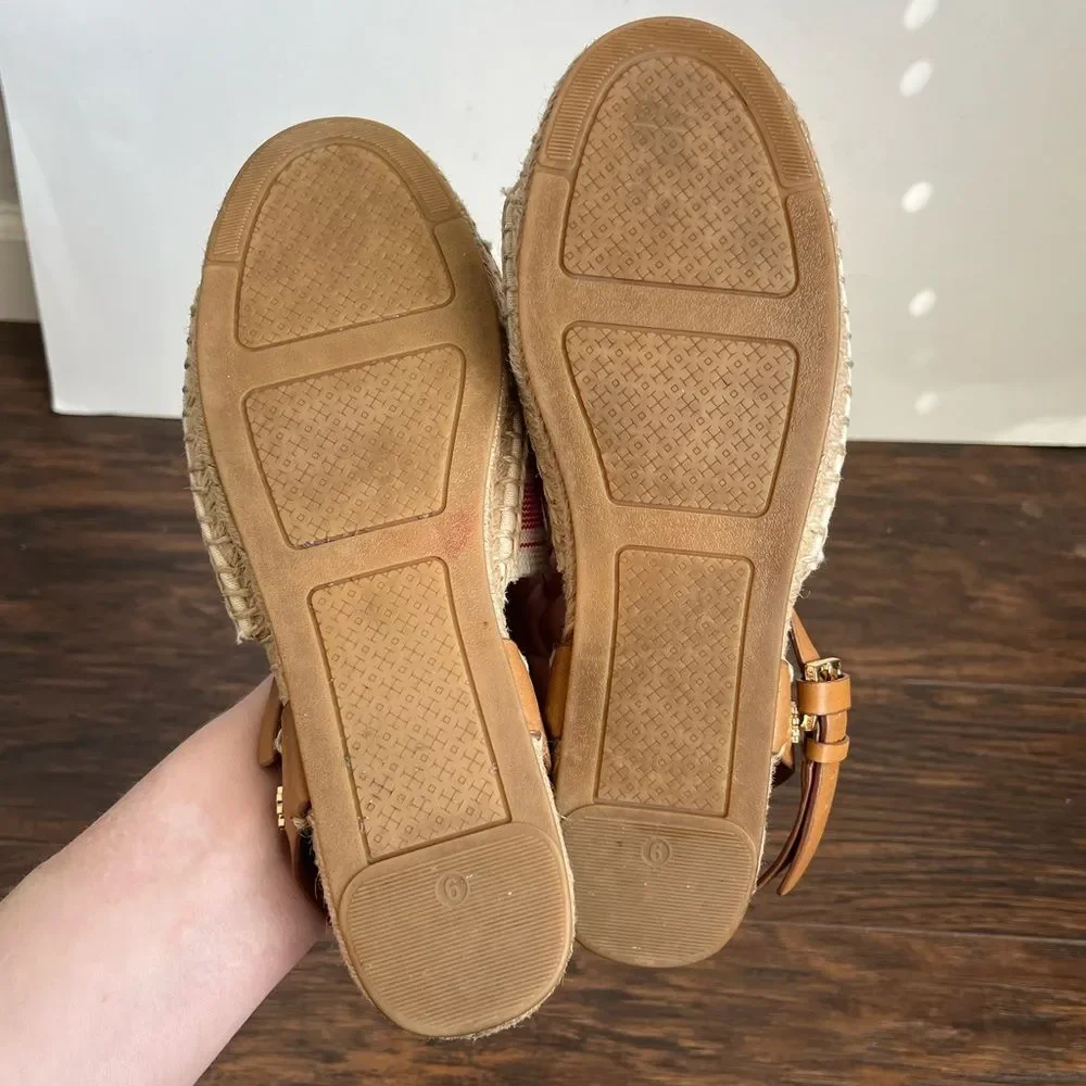 Tory Burch Espadrille Awning Stripe Leather Strap Sandals - Picture 8 of 9